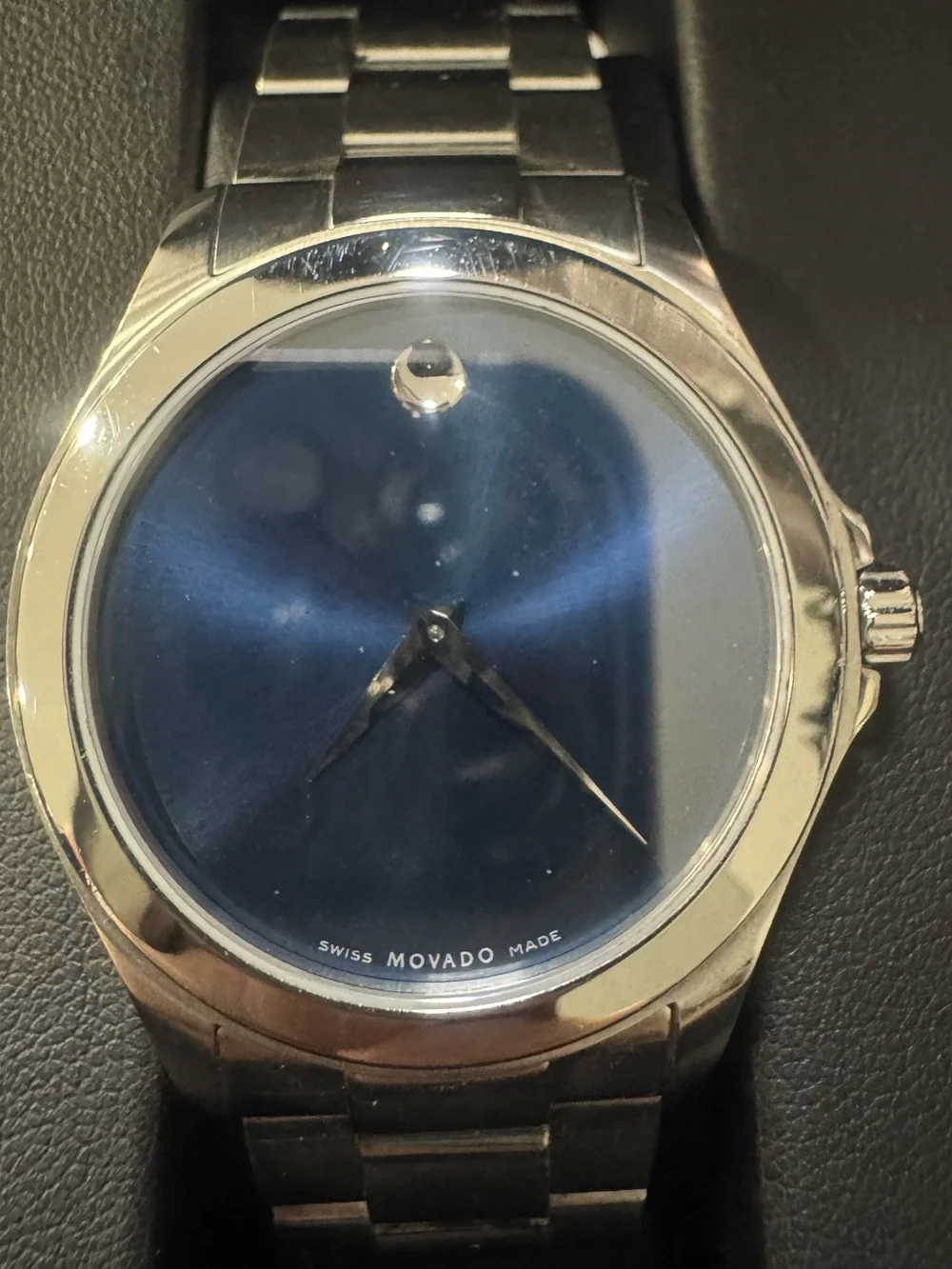 #184 Movado Men's Silver Watch with Blue Sunburst Dial